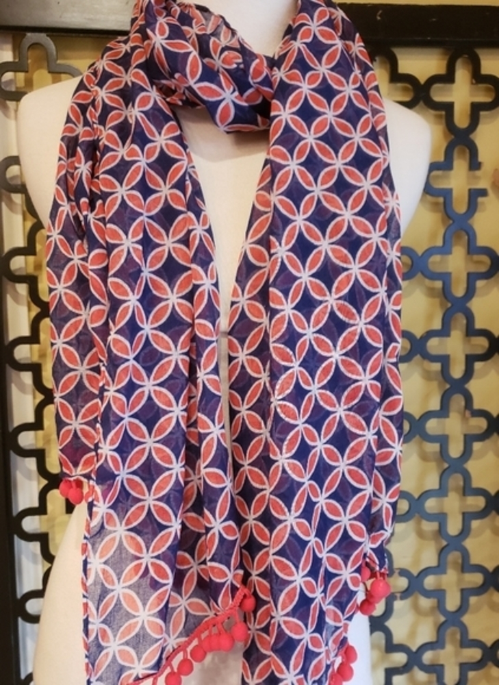 MUDPIE NWOT RED BLUE POM POM SCARF/WRAP